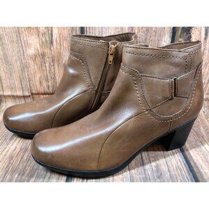 Clarks Brown Leather Block Heel Ankle Boots Side Zip Booties Womens 9 M (k7r)